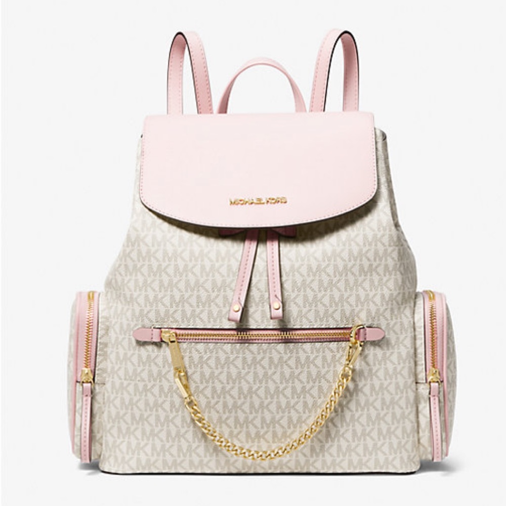🎉MK Logo Print Pattern Canvas Backpack Purse w/Chain, Gold Hardware🎉